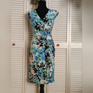 American Living Blue and Green Floral Faux Wrap Midi Dress